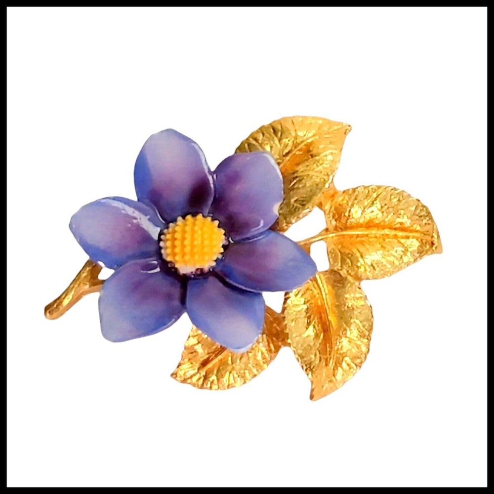 Vintage Flower Blue‎ Purple Enamel Metal Brooch Pin Gold Tone